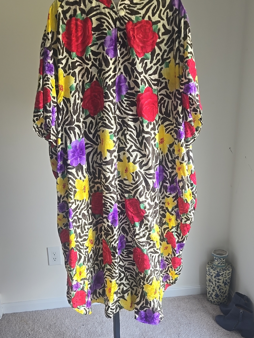 Vintage Simply Basic Zip Up mumu Dress Zebra Print With Floral Size: